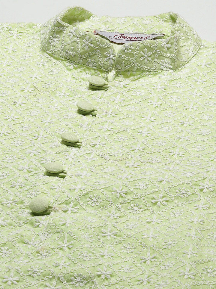Jompers Men Green & White Ethnic Motifs Embroidered Thread Work Kurta