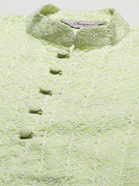 Jompers Men Green & White Ethnic Motifs Embroidered Thread Work Kurta