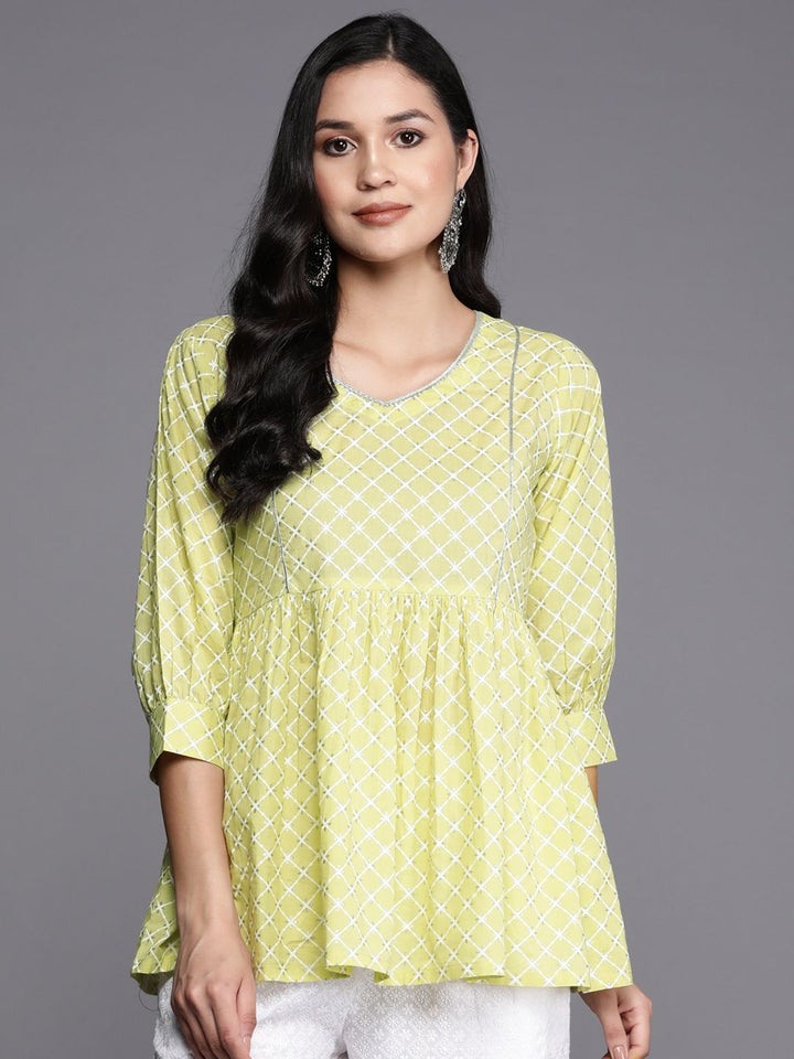 Libas Geometric Printed V-Neck Gotta Patti Pure Cotton Empire Kurti