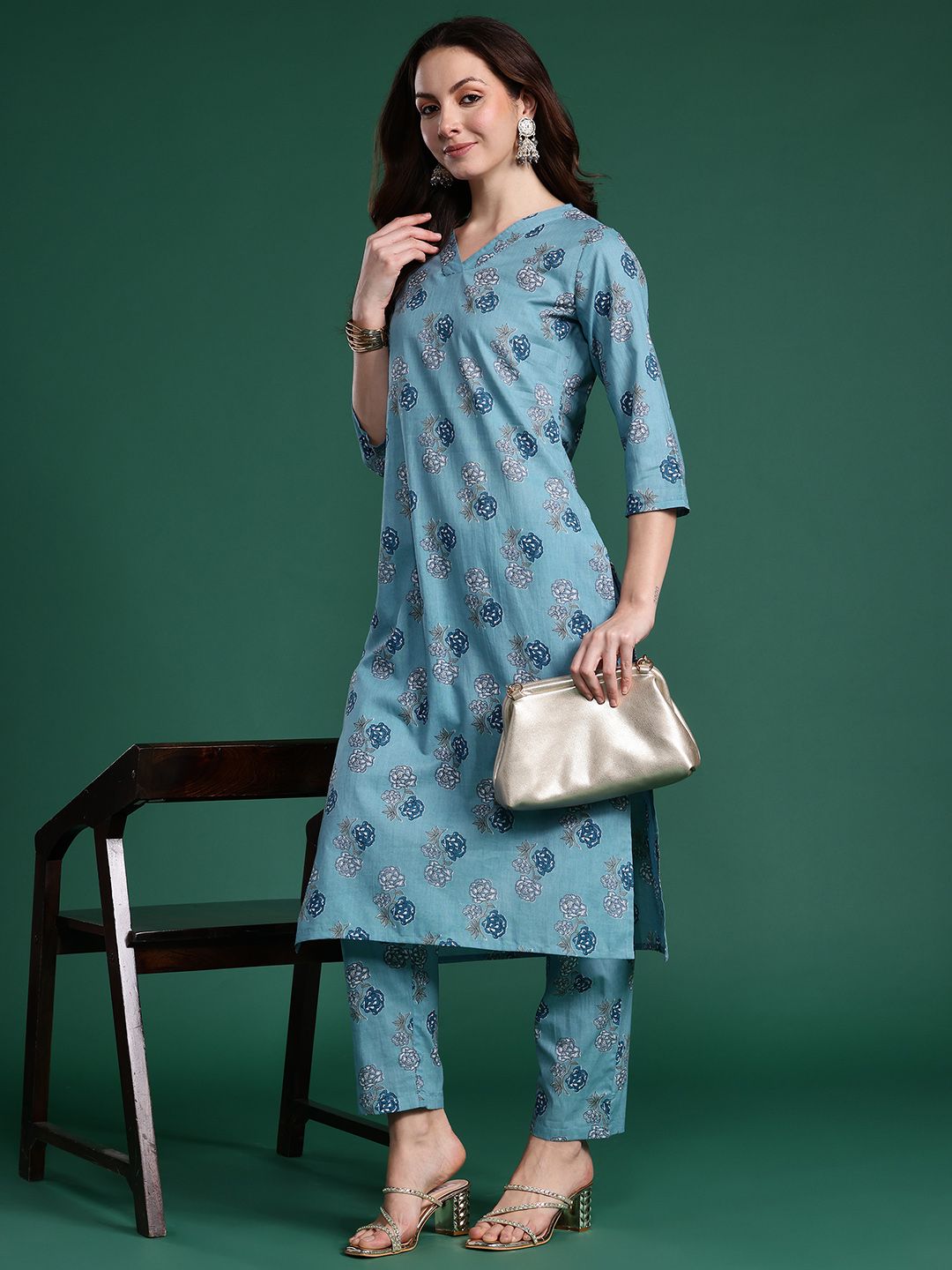 Indo Era Floral Printed Regular Pure Cotton Kurta with Trousers