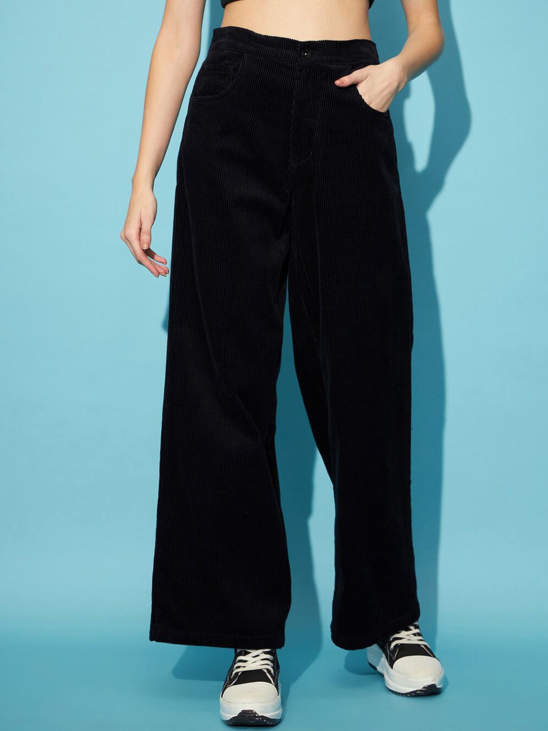 STREET 9 Women Black Flared High-Rise Corduroy Parallel Trousers