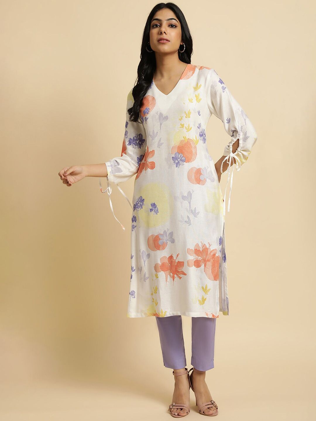 W White & Peach Floral Printed V Neck Kurta