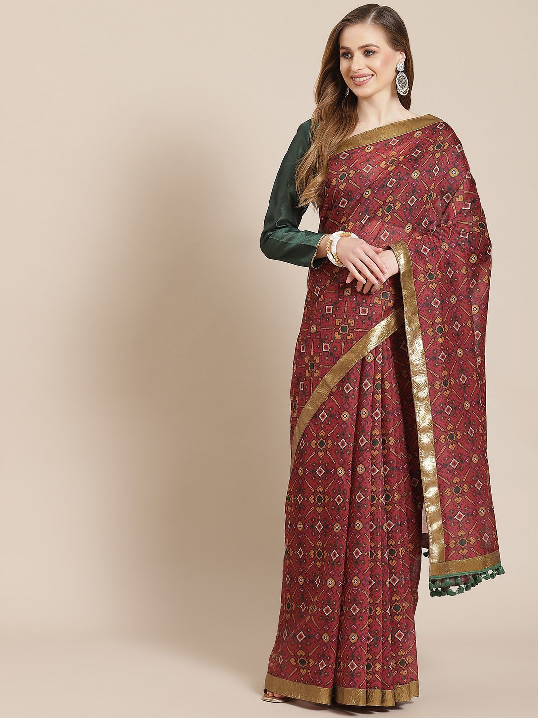 Shae by SASSAFRAS Maroon & Green Ethnic Motifs Patola Saree