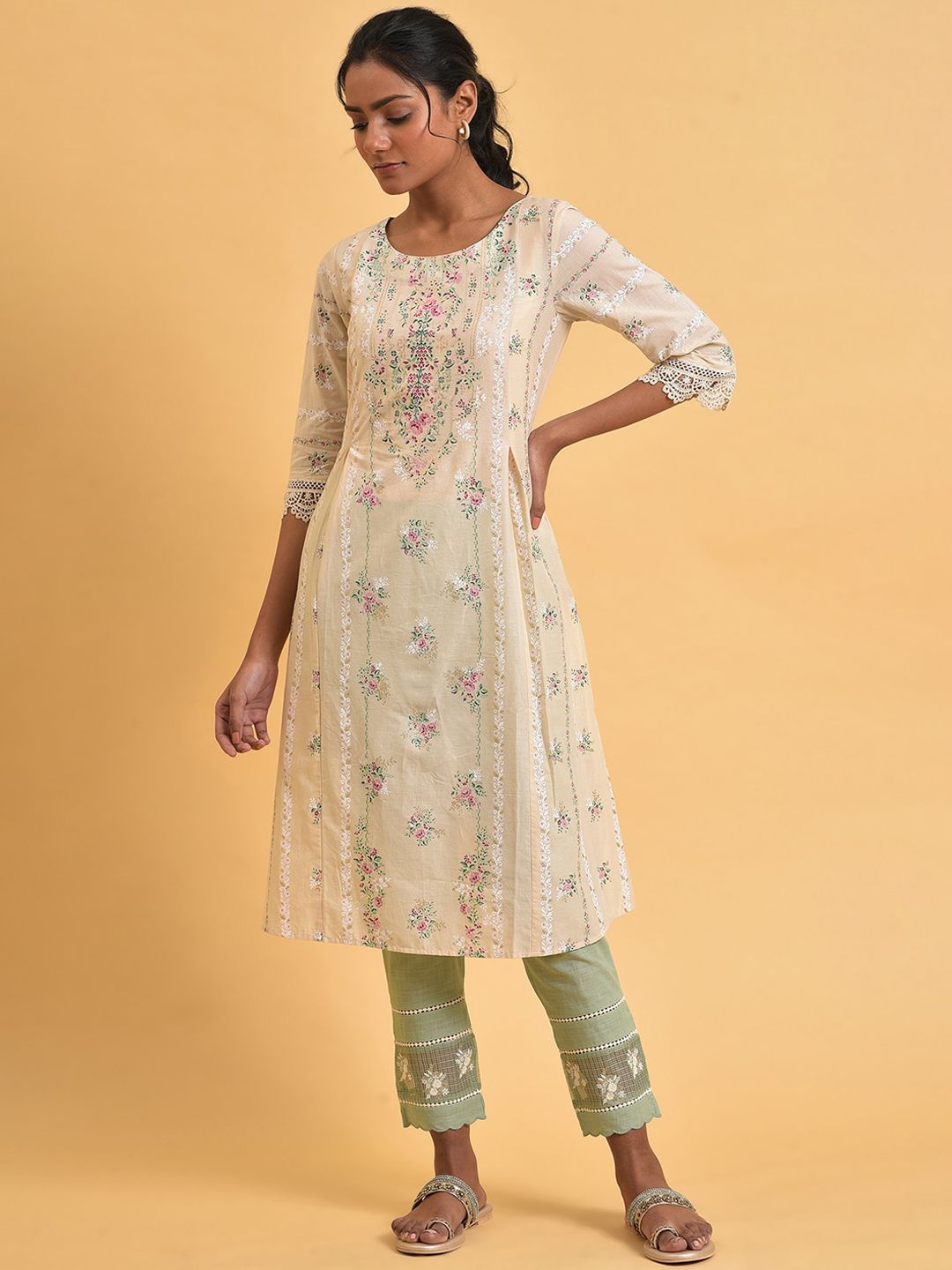 W Floral Printed Round Neck Pure Cotton A-Line Kurta