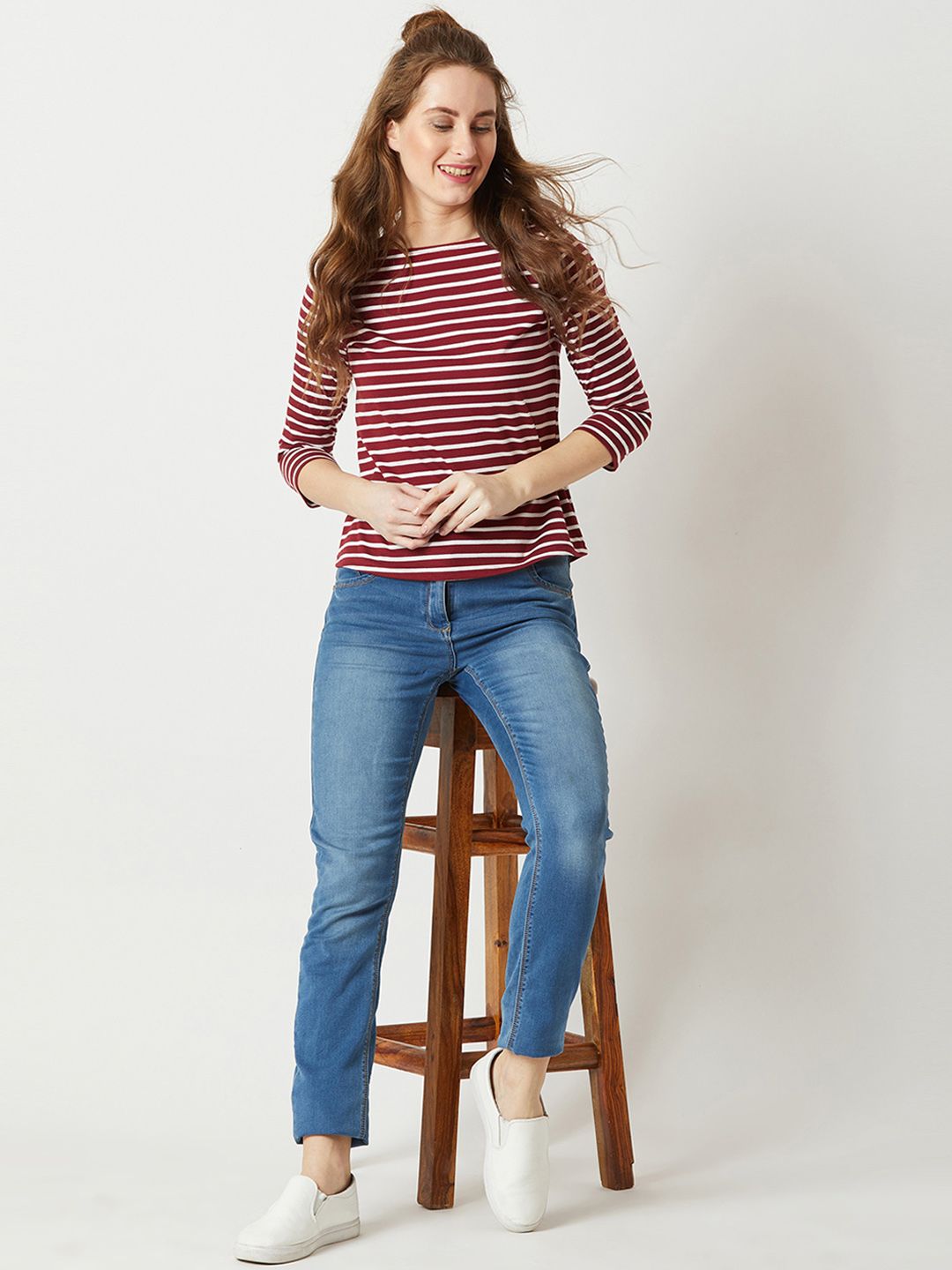 Miss Chase Maroon Striped Pure Cotton Top