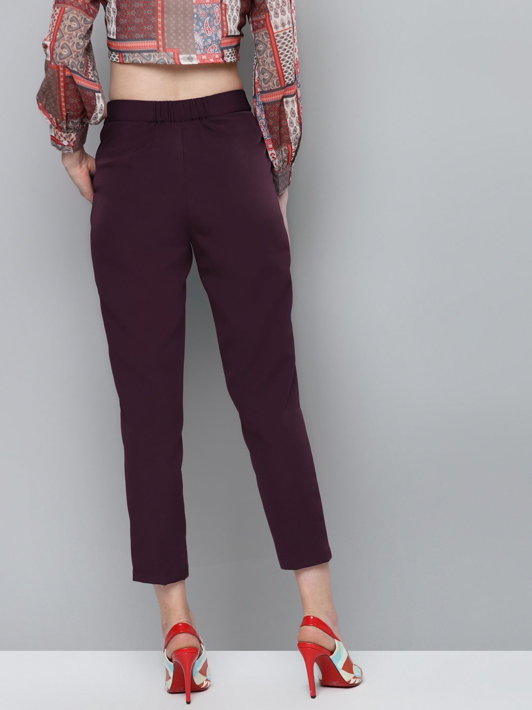 SASSAFRAS Women Burgundy Tailored Cropped Peg Trousers