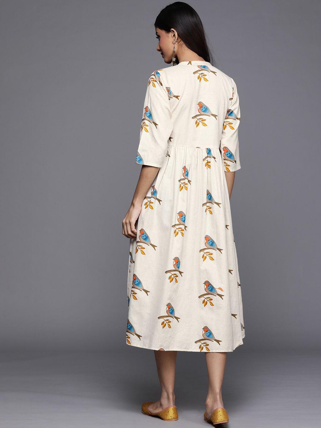 Libas Off White & Blue Bird Print Cotton Midi Fit and Flare Dress