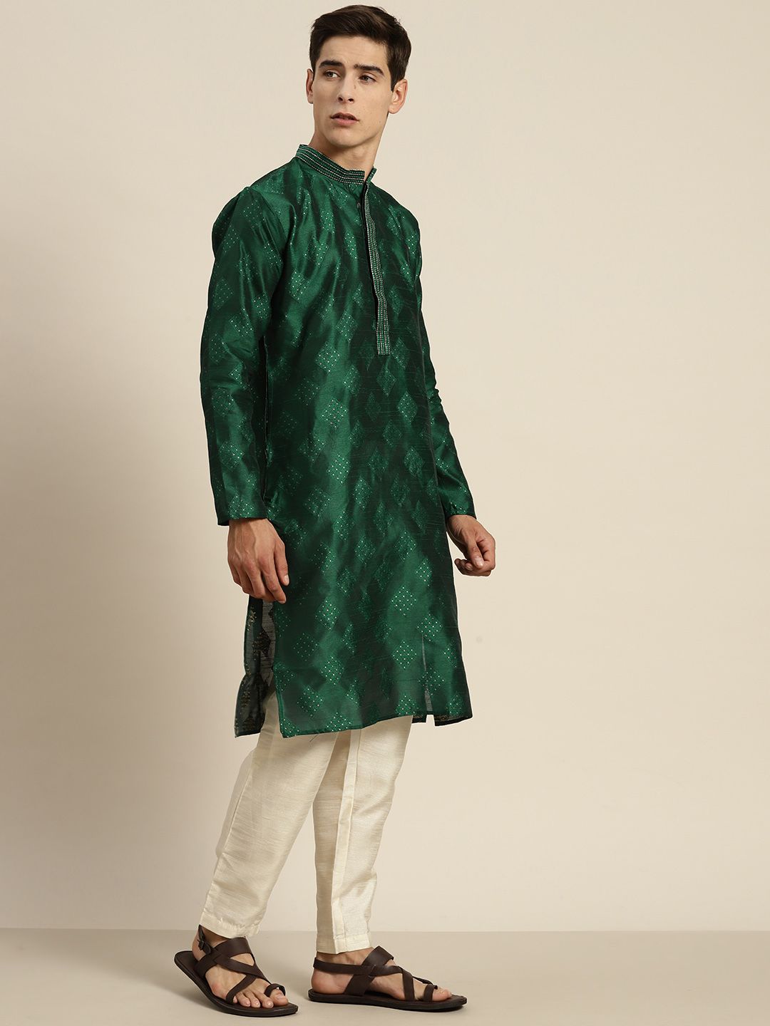 SOJANYA Motif Etnik Kantha Work Silk Cotton Kurta
