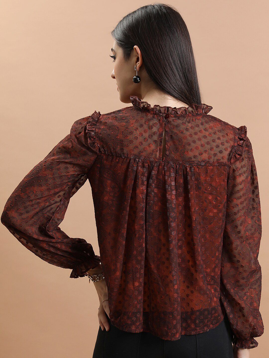 Tokyo Talkies Rust Smocked Print Blouson Top