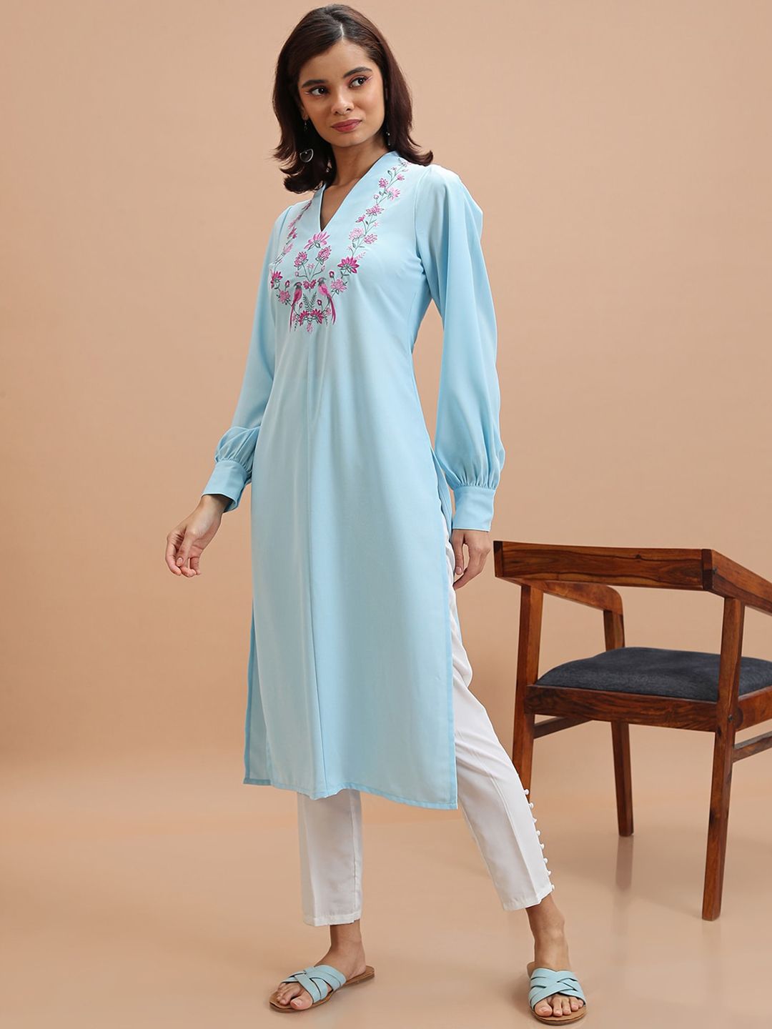 Vishudh Blue Floral Yoke Design Thread Work Straight Kurta