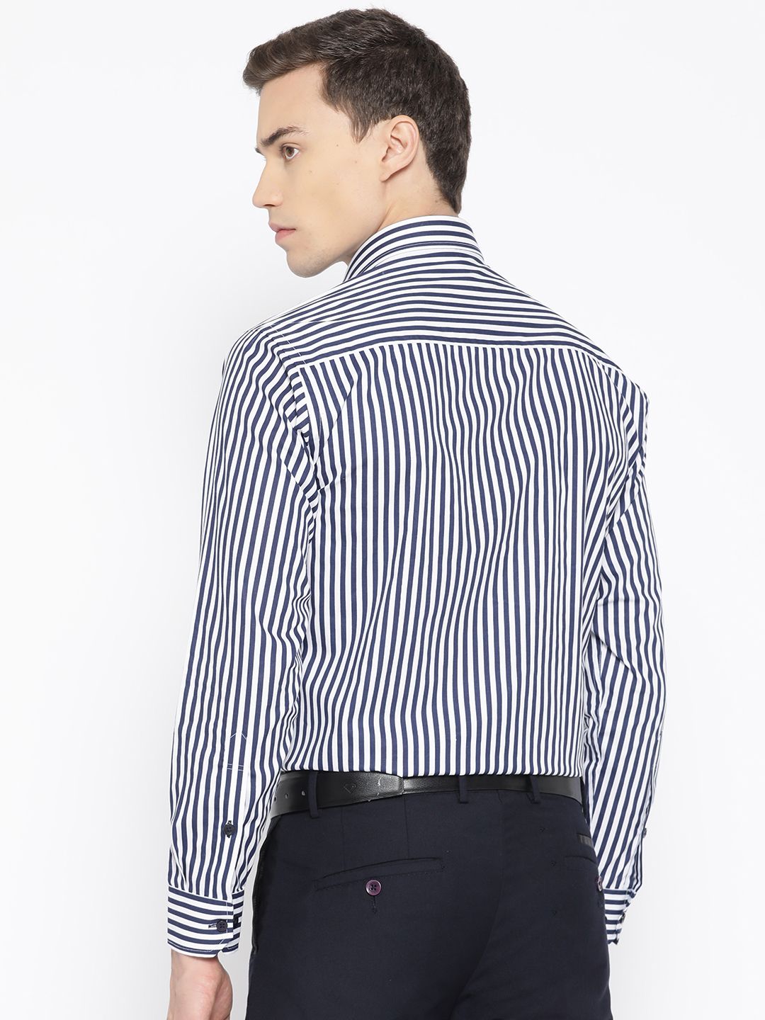 Hancock Men White & Navy Slim Fit Striped Formal Shirt