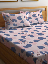 KLOTTHE Pink Floral Polycotton 300 TC Fitted King Fine Bedsheet with 2 Pillow Covers-96 x 89 inches