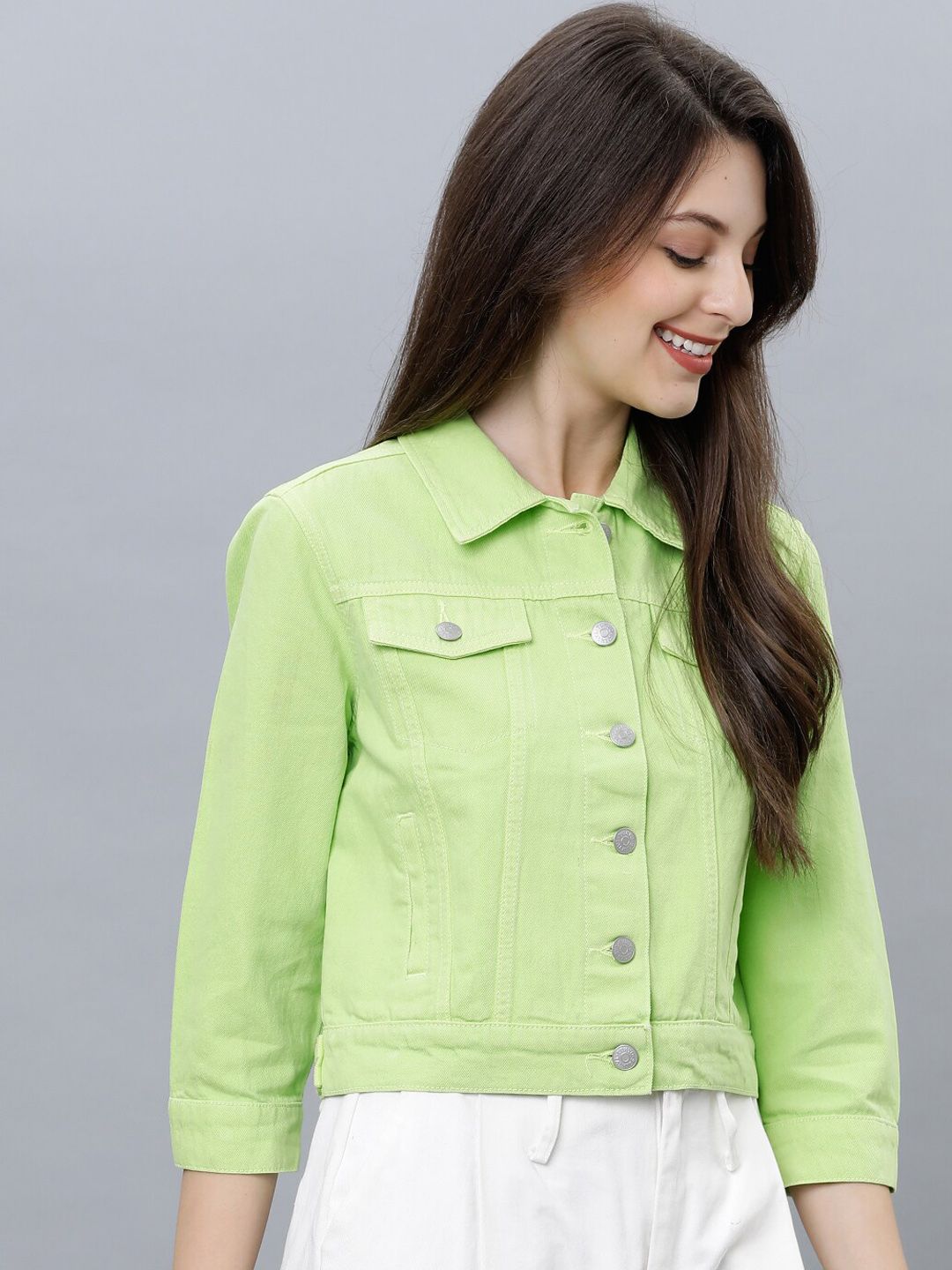 Tokyo Talkies Women Green Solid Denim Jacket