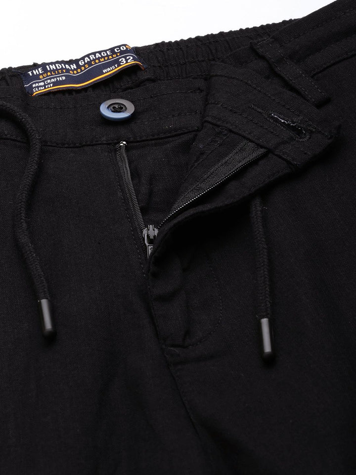The Indian Garage Co Men Black Cotton Slim Fit Trousers