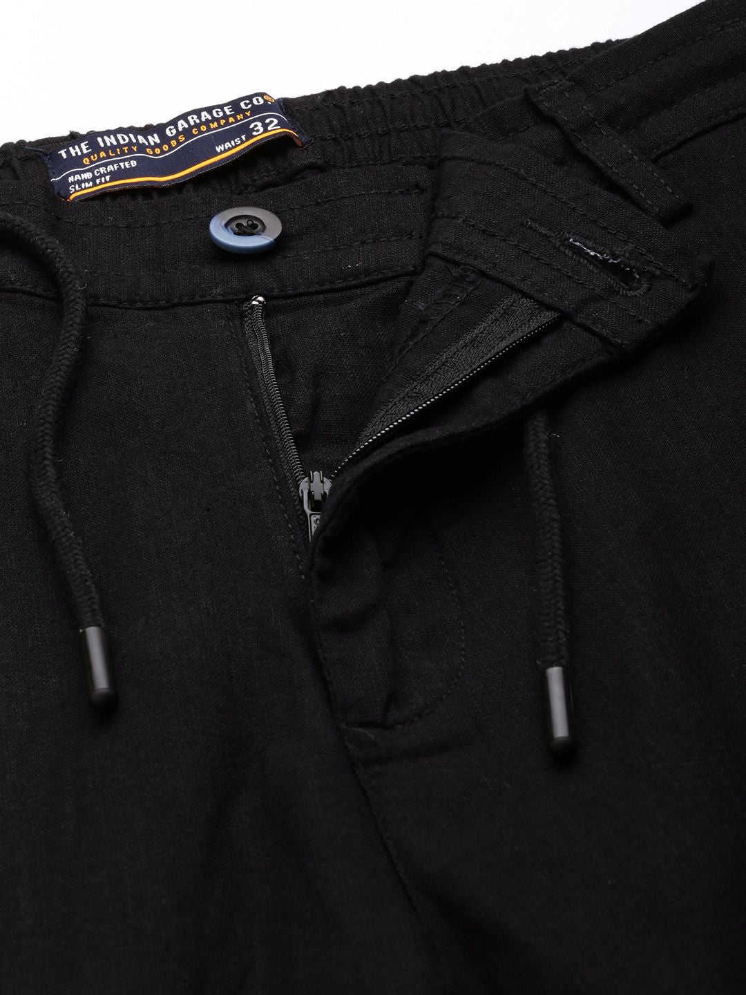 The Indian Garage Co Men Black Cotton Slim Fit Trousers