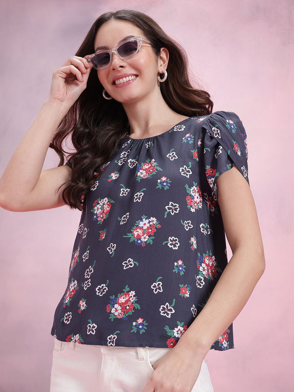 DressBerry Floral Printed Petal Sleeve Top