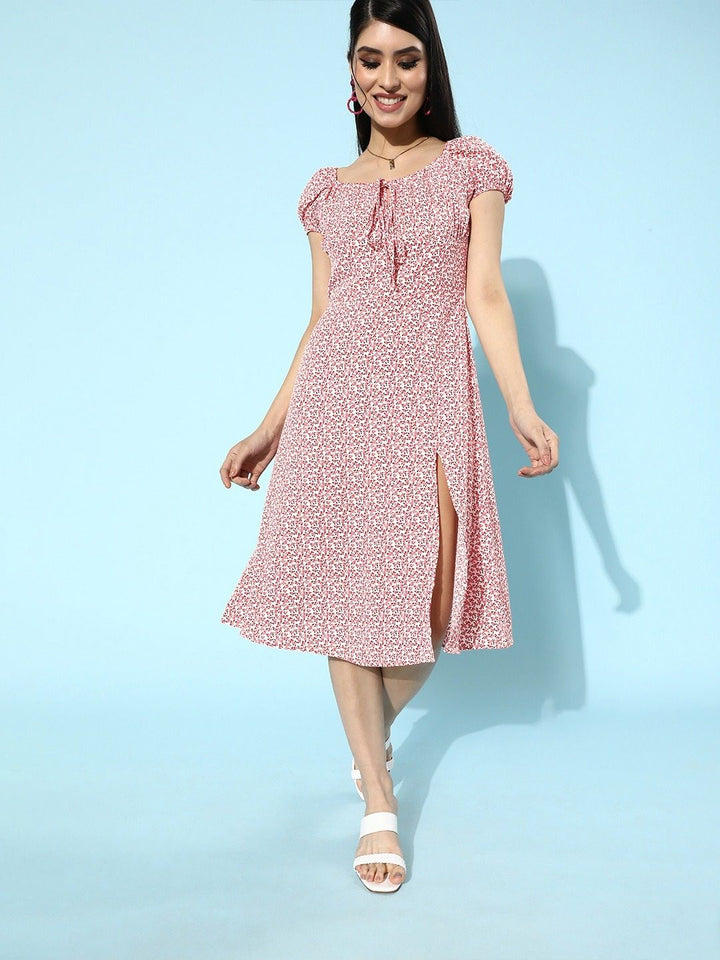 Berrylush Pink Ditsy Floral Print Tie-Up Neck A-Line Dress
