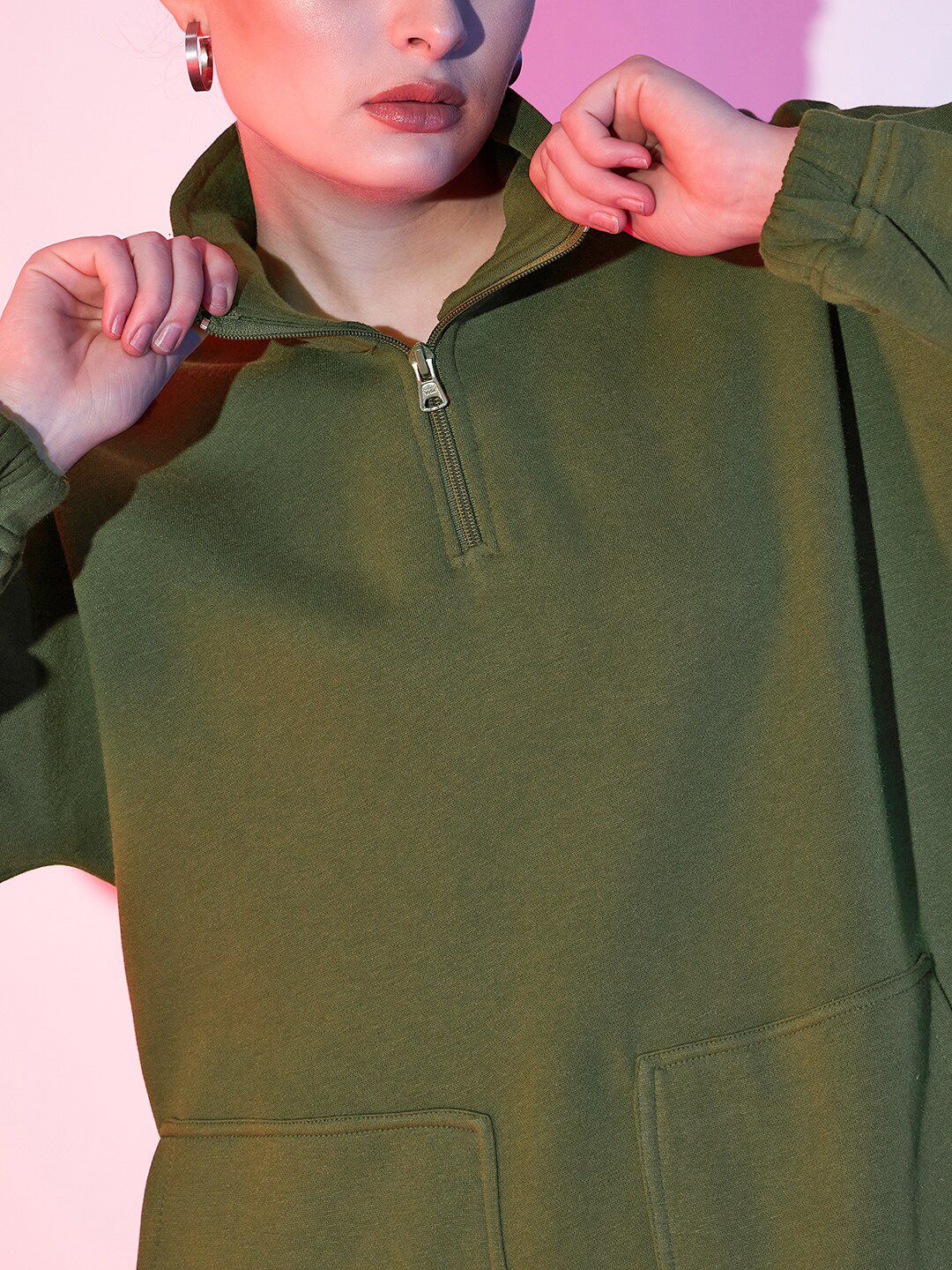 Street 9 Olive Green Mock Collar Fleece Sweatshirt