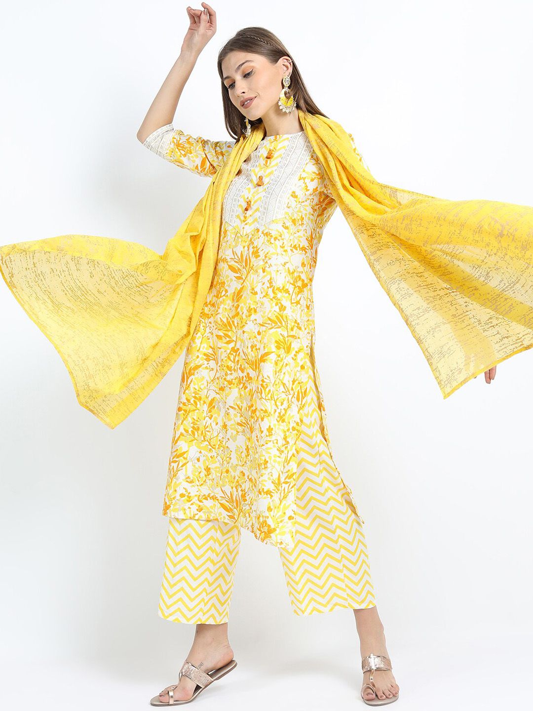 Vishudh Women Mustard Yellow Printed Kurta with Trousers & With Dupatta
