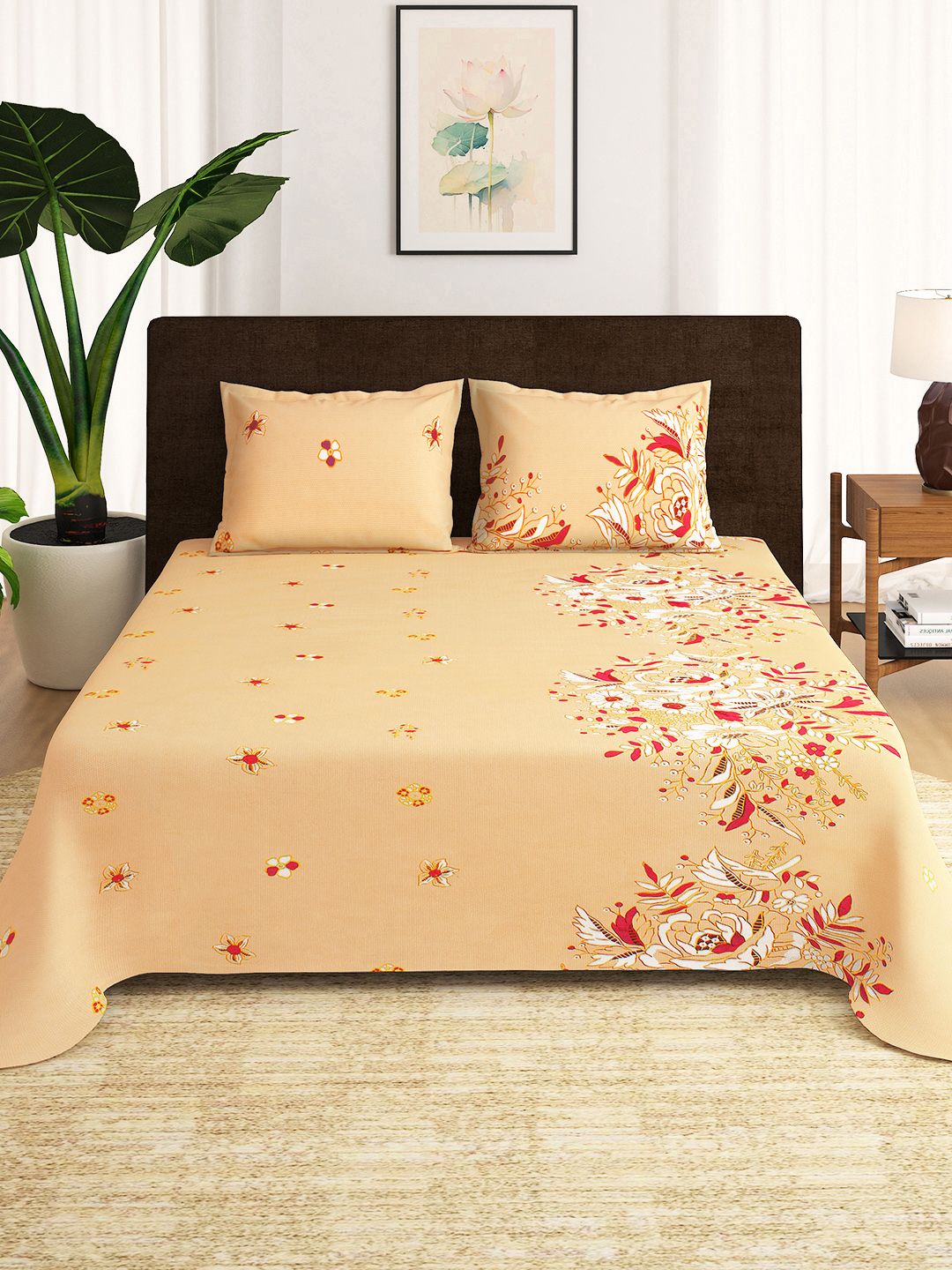 Story@home Orange Peach-Coloured Floral 210 TC 1 Double Bedsheet with 2 Pillow Covers