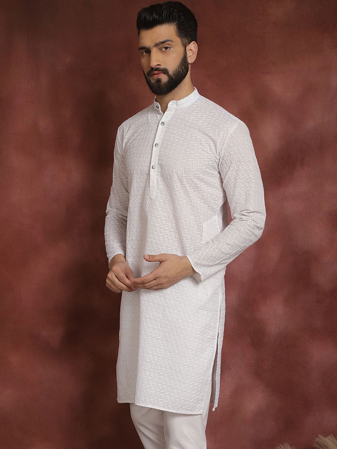 SOJANYA Band Collar Motif Etnik Benang Kerja Cotton Kurta