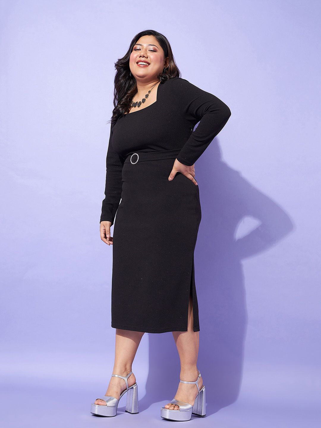 SASSAFRAS Curve Plus Size Square Neck Sheath Midi Dress