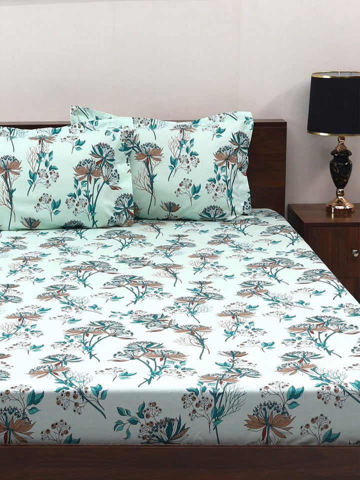 BOMBAY DYEING Green Floral Cotton 140 TC Queen Fitted Bedsheet Set-1.52 m X 1.98 m X 30 cm