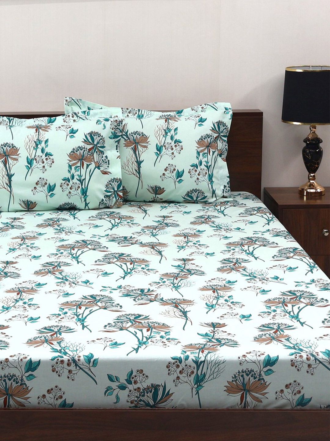 BOMBAY DYEING Green Floral Cotton 140 TC Queen Fitted Bedsheet Set-1.52 m X 1.98 m X 30 cm