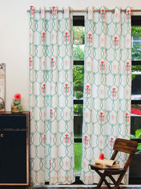 URBAN SPACE White & Green 2 Pieces Floral Cotton Window Curtains