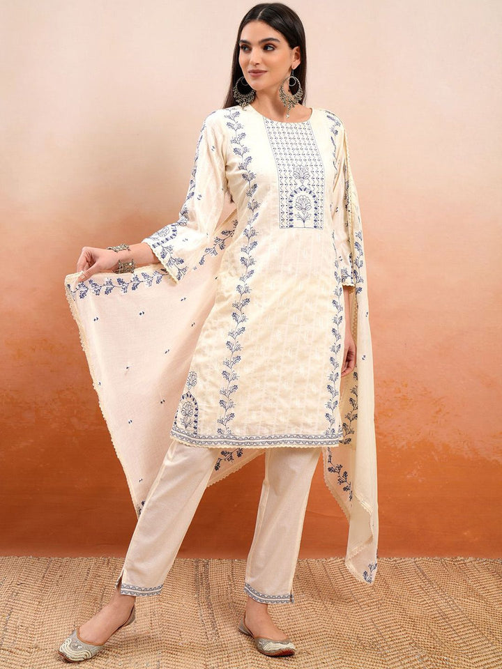 Vishudh Cream Coloured Embroidered Pure Cotton Straight Kurta With Trousers & Dupatta
