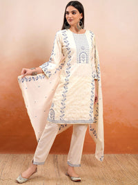 Vishudh Cream Coloured Embroidered Pure Cotton Straight Kurta With Trousers & Dupatta