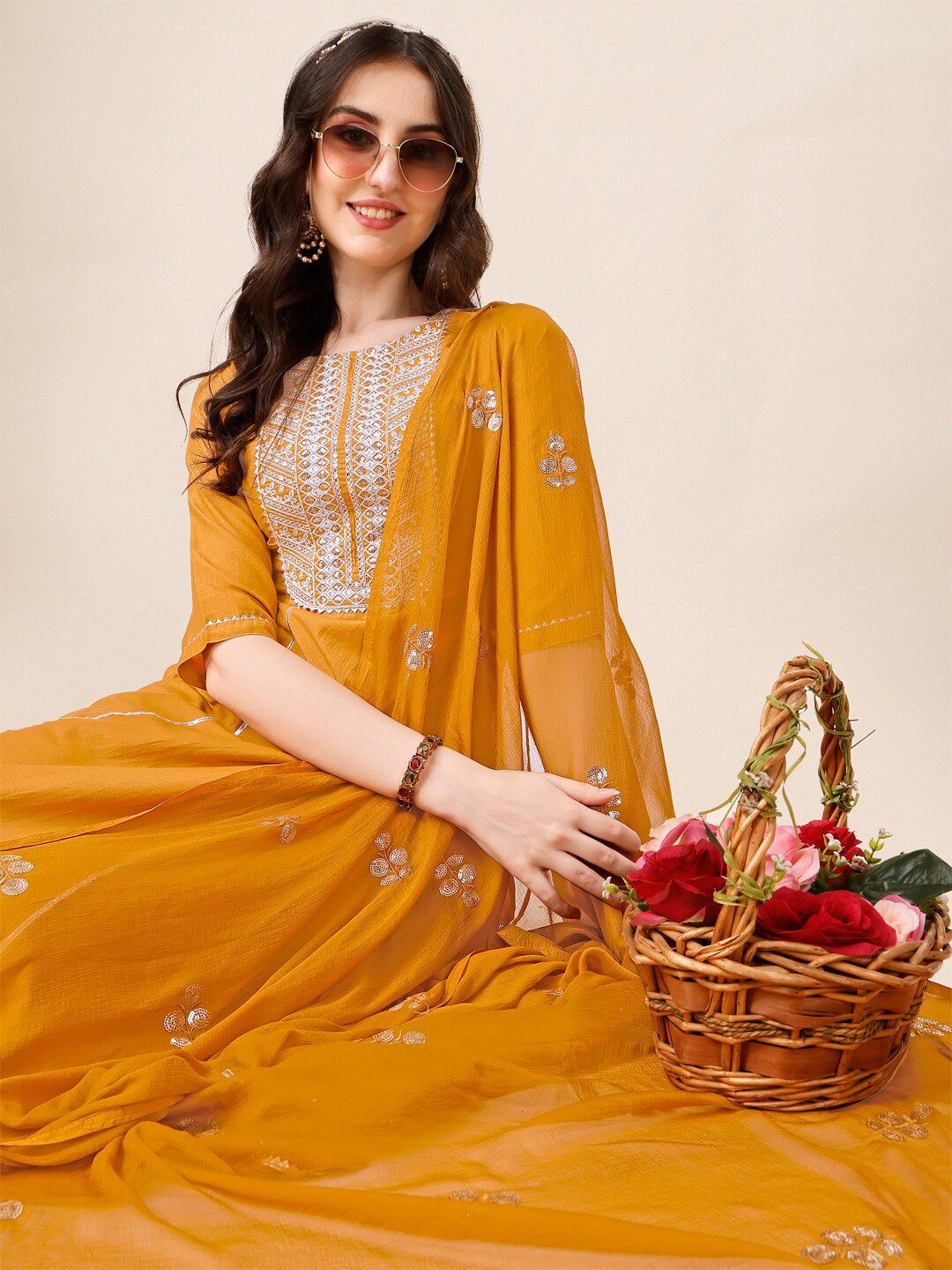 KALINI Ethnic Motifs Embroidered Sequinned A-Line Kurta With Palazzos & Dupatta