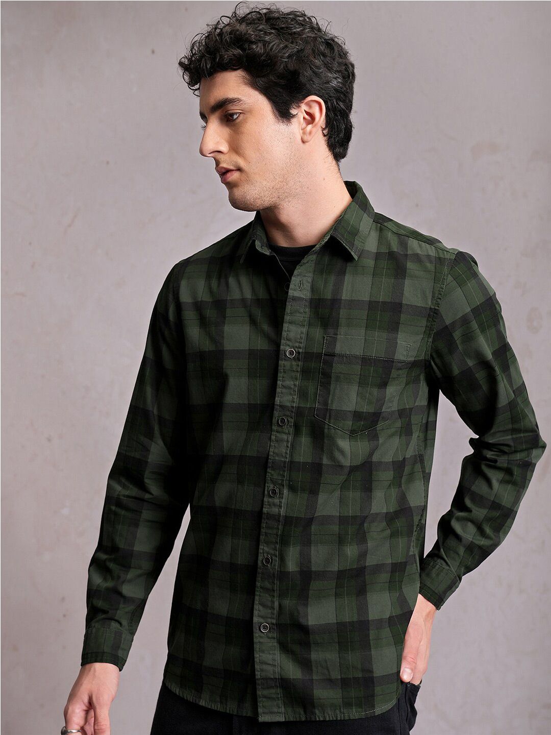 Locomotive Men Green Checked Regular Shirt
