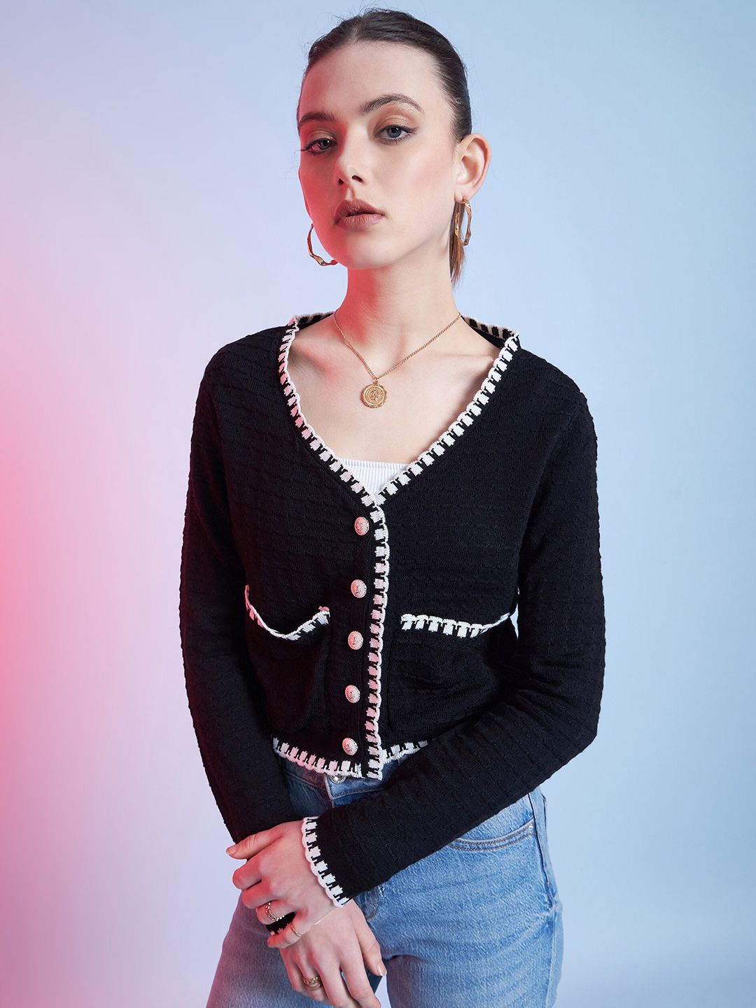 STREET 9 Black & White Self Design V-Neck Acrylic Cardigan Sweater