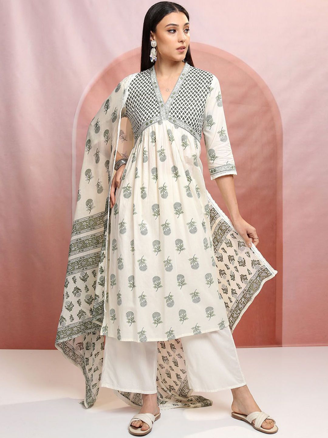Vishudh Cream-Coloured Ethnic Motifs Printed Pure Cotton Kurta with Trousers & Dupatta
