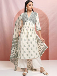 Vishudh Cream-Coloured Ethnic Motifs Printed Pure Cotton Kurta with Trousers & Dupatta