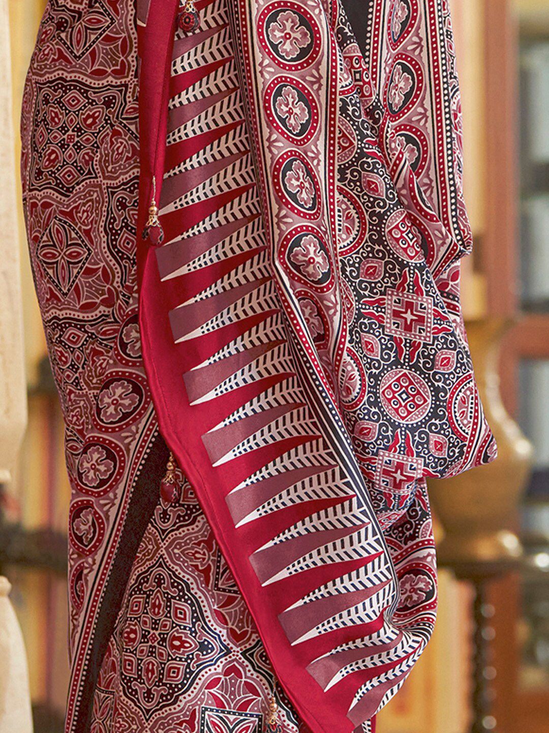 Saree mall modal Ajrak Block Pure Crepe Bagru SareesWith Blouse Piece