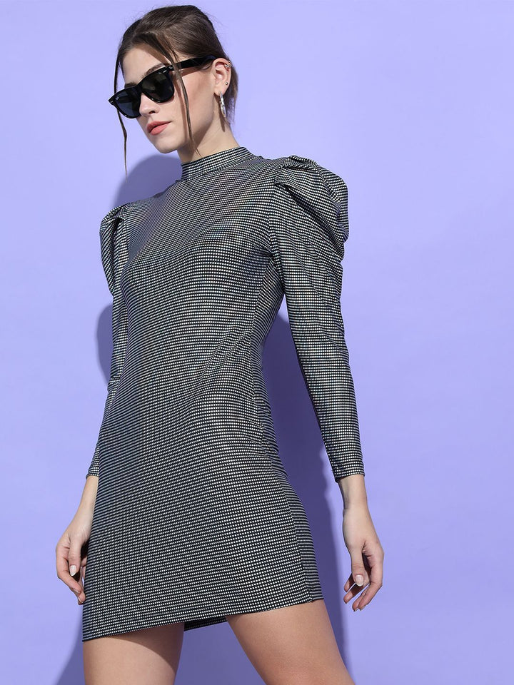 Tokyo Talkies Women Polka Dots Mock Neck Long Bishop Slevees Sheath Mini Dress