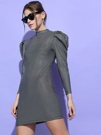 Tokyo Talkies Women Polka Dots Mock Neck Long Bishop Slevees Sheath Mini Dress