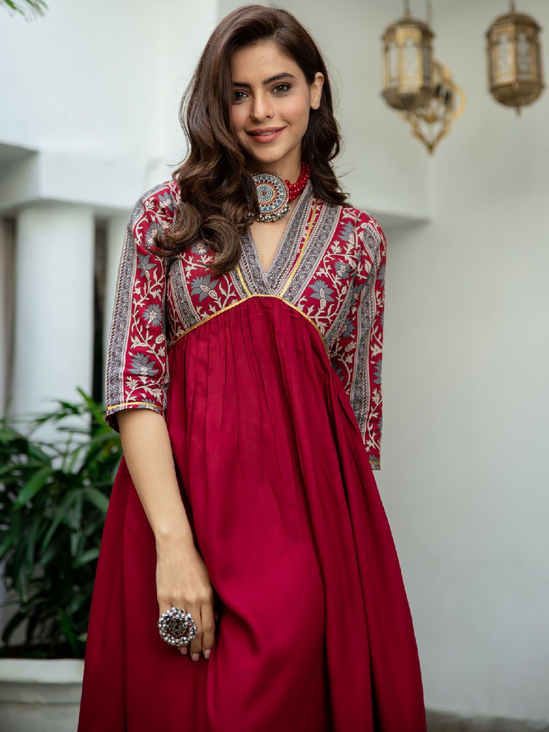 Rustorange Women Maroon & Grey Printed A-Line Dress
