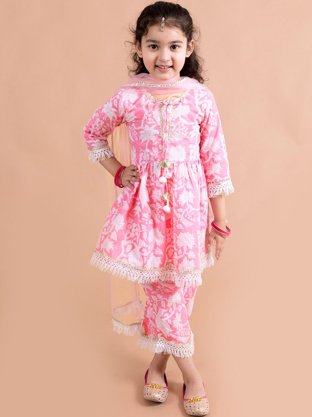 pspeaches Girls Pink Floral Printed Pleated Pure Cotton Kurta with Trousers & With Dupatta
