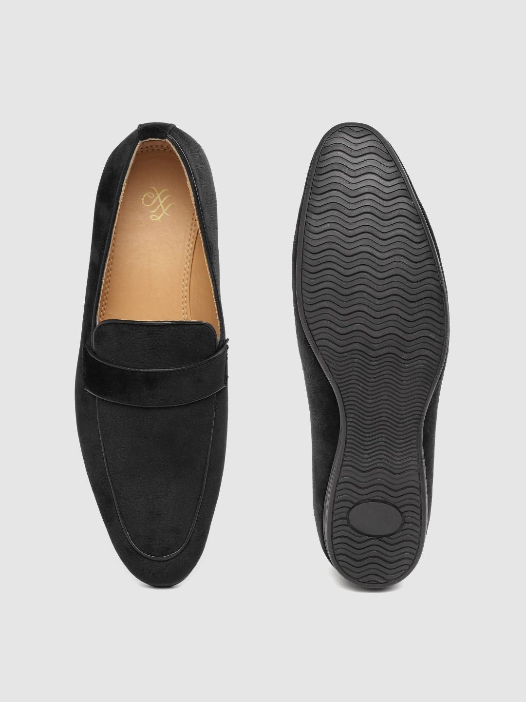 House of Pataudi Men Black Velvet Finish Handcrafted Slip-Ons