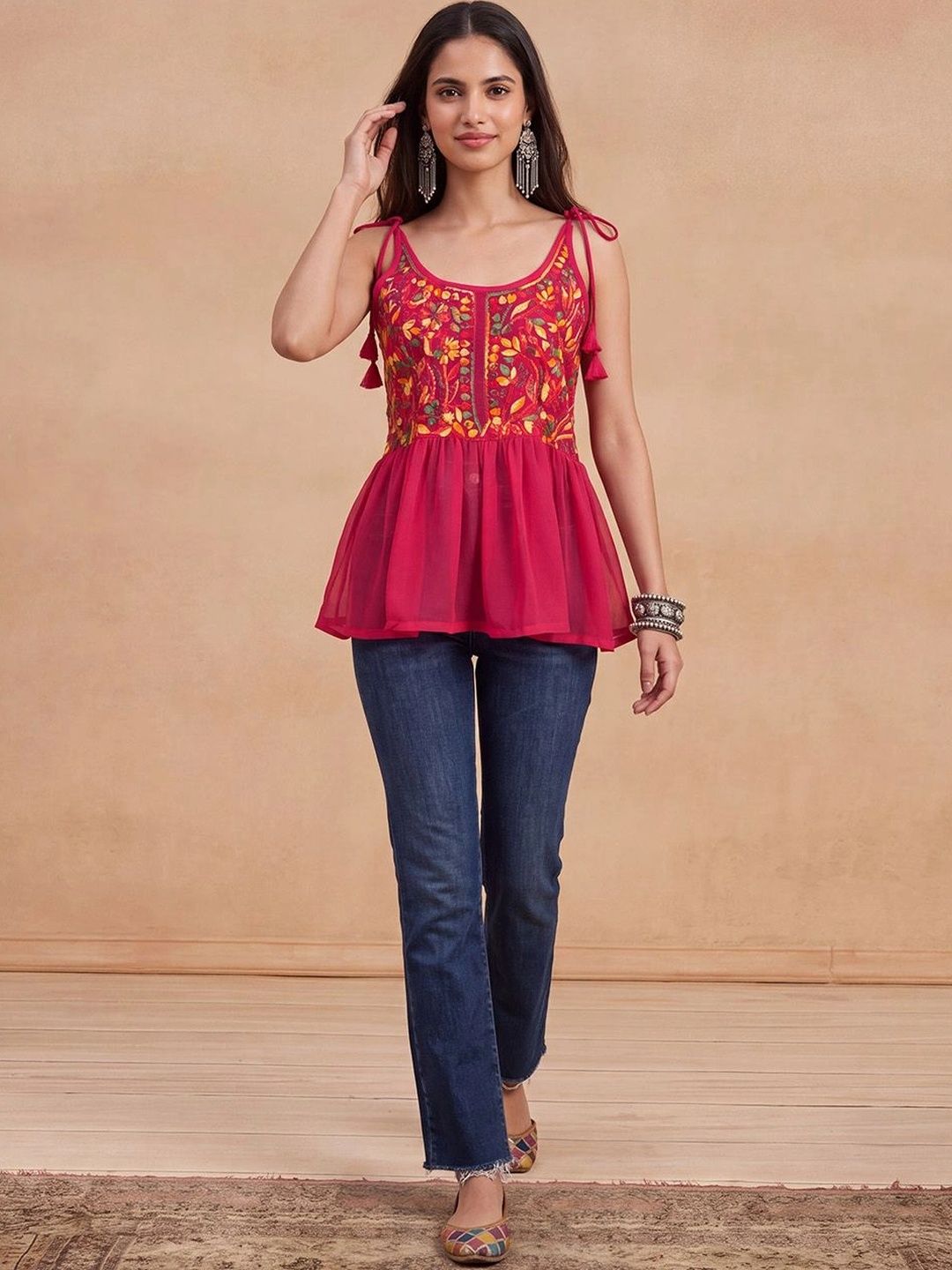 Rumah Wanita Chikankari Motif Etnik Sulaman Benang Kerja Bunga Indie Georgette Kurta