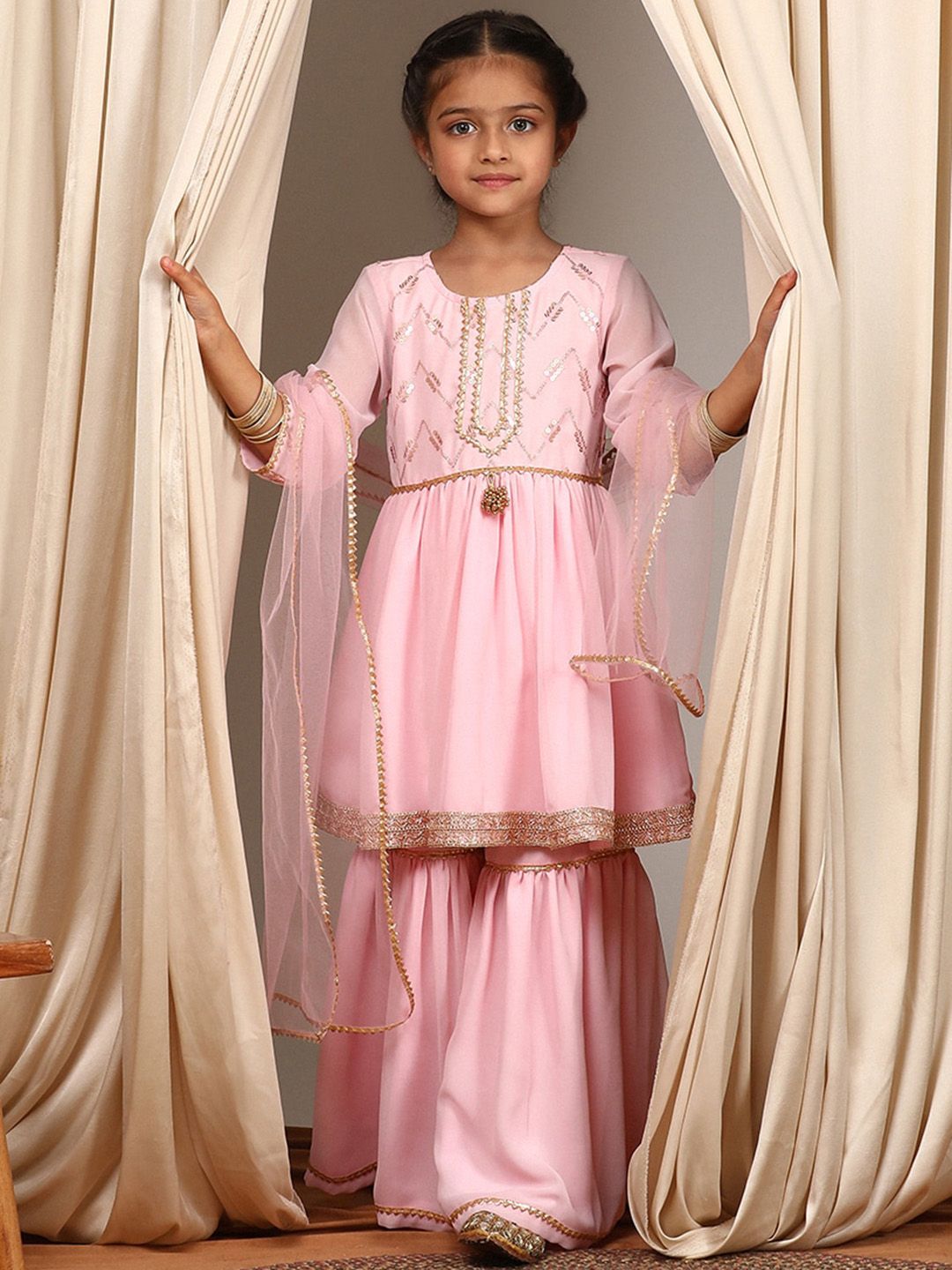 pspeaches Girls Round Neck Embroidered Sequinned Anarkali Kurti with Sharara & Dupatta