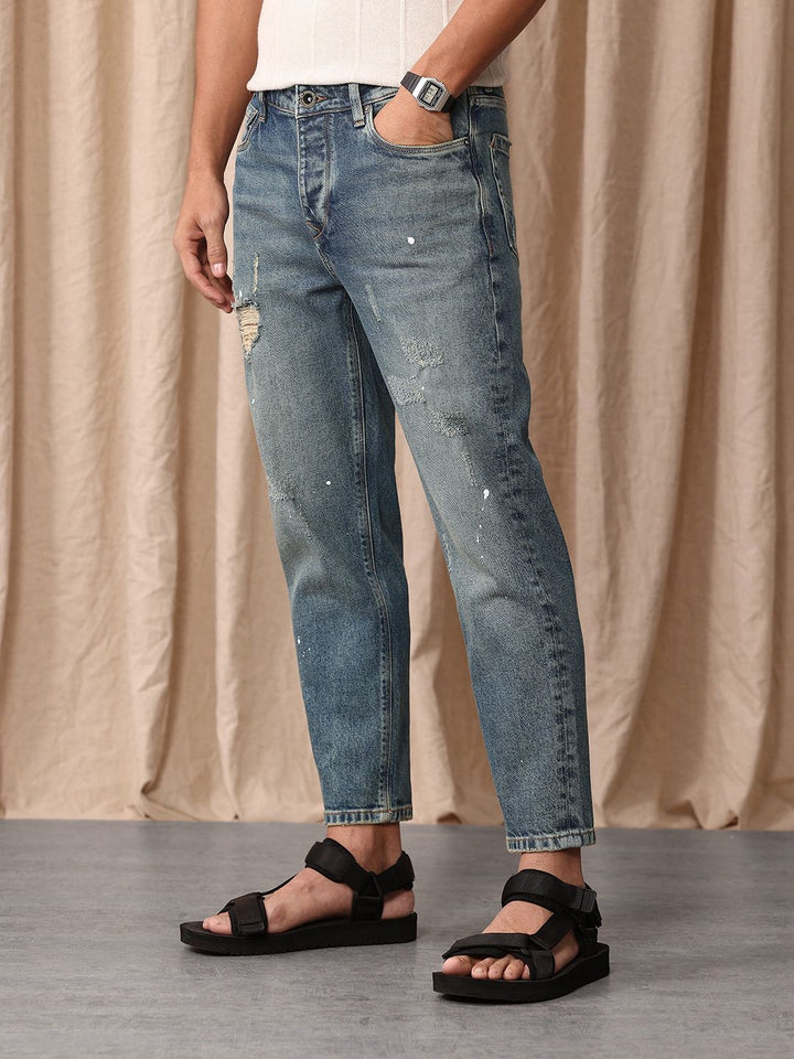 Mr Bowerbird Men Tapered Fit Mid-Rise Low Distress Heavy Fade Cropped Stretchable Jeans