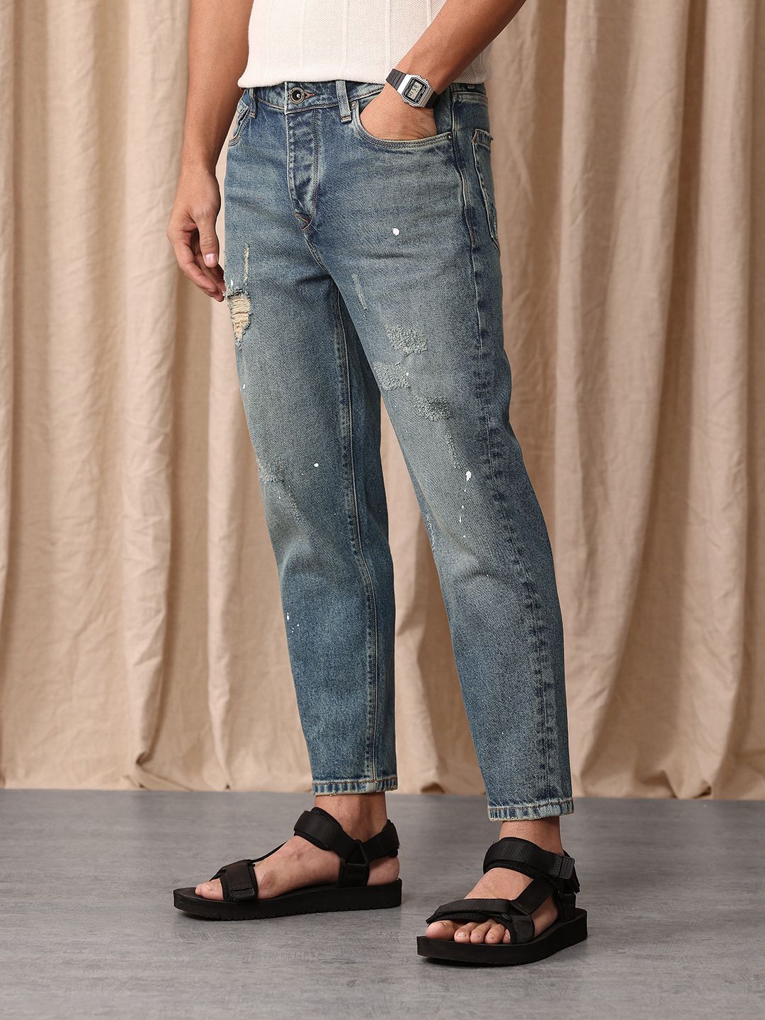 Mr Bowerbird Men Tapered Fit Mid-Rise Low Distress Heavy Fade Cropped Stretchable Jeans