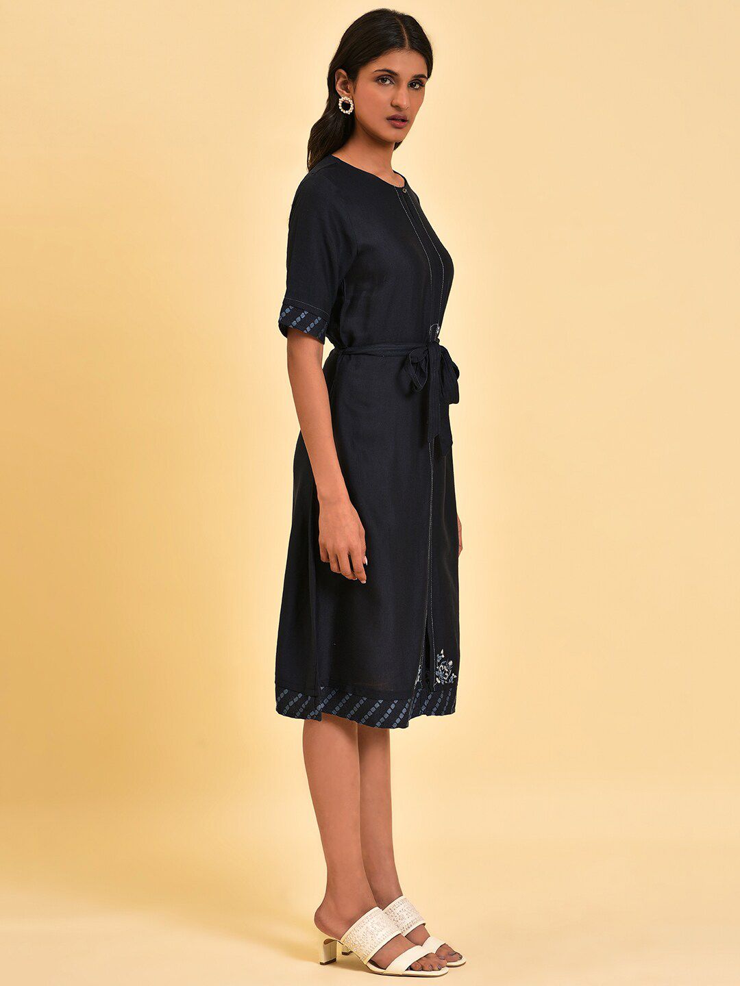 W Keyhole Neck Embroidered Detail A-Line Dress