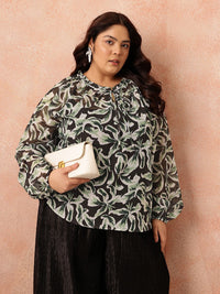 all about you Plus Size Floral Print Tie-Up Neck Raglan Sleeves Semi-Sheer Georgette Top