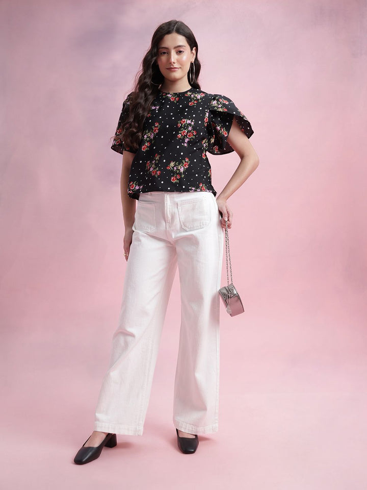 DressBerry Floral Print Tulip-Style Flared Sleeves Top