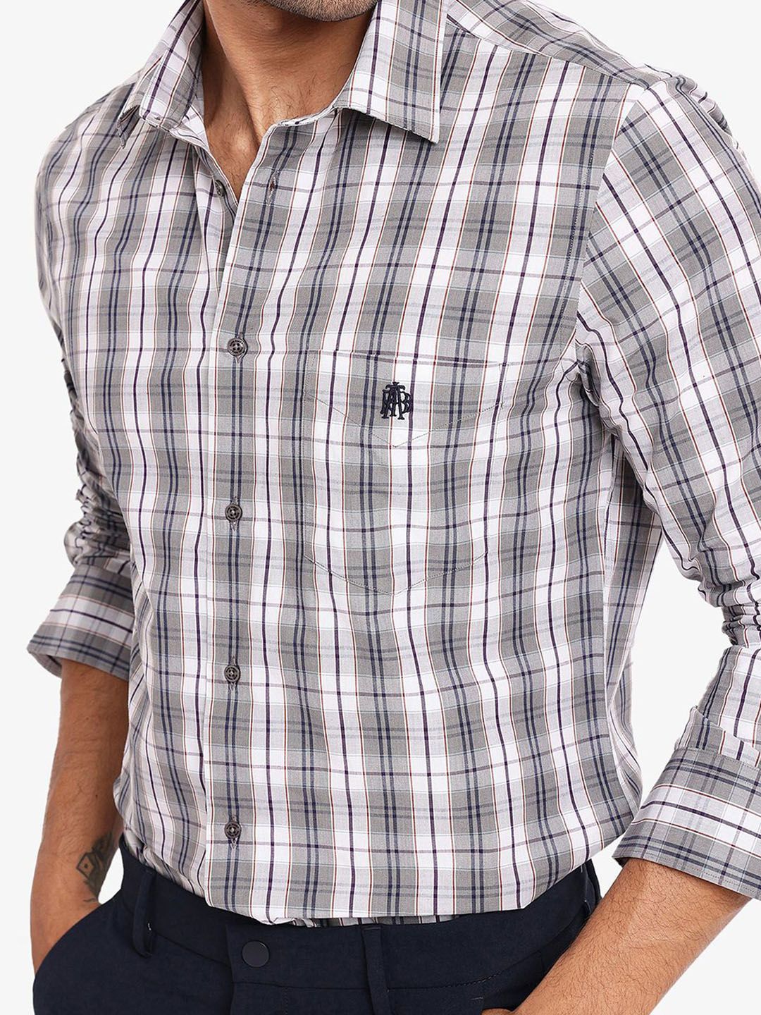 RARE RABBIT Men Comfort Spread Collar Tartan Checked Cotton Casual Shirt